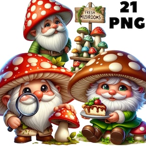 21 PNG paddestoel kabouter clipart, schattige kabouter, boskabouter, paddestoel png, lente kabouter illustratie, Instant Download voor commercieel gebruik
