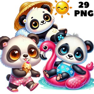 29 PNG Beach Panda Clipart, Animais fofos, Clipart de verão, Pacote de animais, Panda fofo, Ilustrações, Download instantâneo para uso comercial