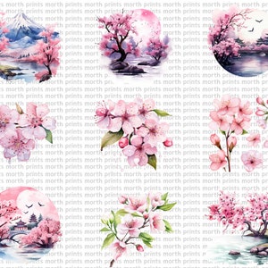 May include: A set of four digital illustrations featuring watercolor paintings of cherry blossoms and Japanese landscapes. The illustrations include a mountain scene, a pagoda, and a cherry blossom tree.