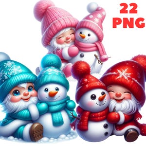 22 Gnomos PNG con muñeco de nieve, gnomos lindos, muñeco de nieve png, clipart de Navidad, ilustraciones, descarga instantánea para uso comercial