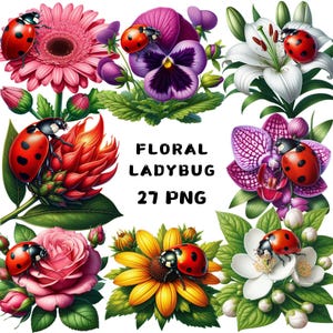 Clipart coccinella floreale, coccinella affascinante, clipart fiore, design di alta qualità, arte del giardino, stampabili, uso commerciale, png fiore