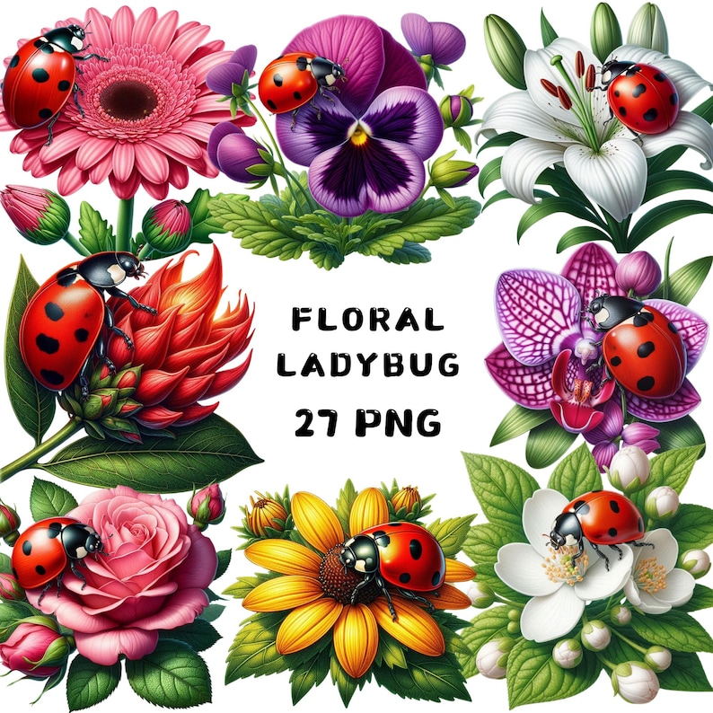 May include: A collection of 27 digital images featuring ladybugs on various flowers, including a pink gerbera daisy, a purple pansy, a white lily, a pink orchid, a red flower, a pink rose, and a yellow sunflower. The images are perfect for crafting, scrapbooking, and other creative projects.