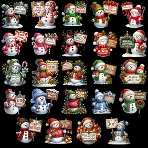May include: A digital collage of 25 illustrations of snowmen with various Christmas-themed messages. The snowmen are wearing hats, scarves, and mittens. The background is black.