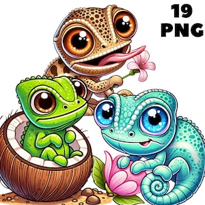 May include: Three cartoon animals with large eyes. A brown gecko with a pink flower, a green chameleon in a coconut shell, and a blue chameleon with a pink flower.