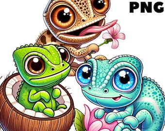 Baby Chameleon Clipart, Cute Tropical Reptiles PNG, Cartoon Forest Animals for Kids Crafts, Printable Stickers and Art, Commercial Use