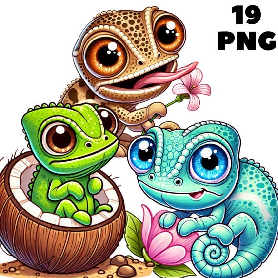 Baby Chameleon Clipart, Cute Tropical Reptiles PNG, Cartoon Forest Animals for Kids Crafts, Printable Stickers and Art, Commercial Use