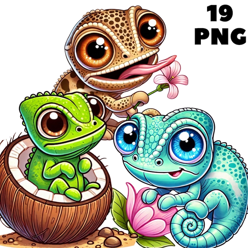 May include: Three cartoon animals with large eyes. A brown gecko with a pink flower, a green chameleon in a coconut shell, and a blue chameleon with a pink flower.