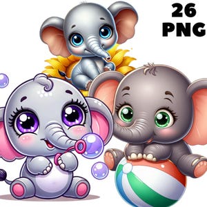 Bebê elefante clipart PNG – 26 elefantes fofos com balões, corações, brinquedos, perfeitos para berçário, artesanato para chá de bebê, download instantâneo