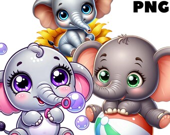 Baby Elephant Clipart, Cute Elephants with Balloons Hearts and Toys PNG, Nursery Stickers, Baby Shower Cards and Crafts, Commercial Use