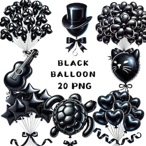 20 PNG Globo negro Clipart, Clipart de cumpleaños, Globo colorido, Día de San Valentín png, Ilustración, Descarga instantánea para uso comercial
