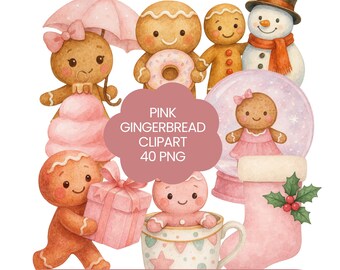 ピンクのジンジャーブレッドのクリップアート、かわいいクリスマスクッキーのPNGセット、クラフト用のパステルカラーのホリデークリップアート、すぐにダウンロード可能、商用利用可
