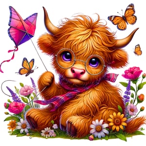 Clipart de vaca floral das Terras Altas PNG – Vaca fofa em aquarela com coroa de flores, download digital para decoração de fazenda, berçário, cartões e artesanato