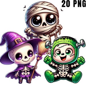 Pode incluir: Uma coleção de três personagens de desenhos animados de Halloween: uma múmia, uma bruxa esqueleto com uma vassoura e um monstro de Frankenstein. Os personagens têm olhos grandes e estão em um estilo de desenho animado fofo. O texto "20 PNG" está no topo.