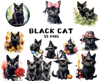 Watercolor Black Cat Clipart, Halloween PNG Images of Cute Witchy Cats, Stickers for Cards Kids Decor Prints and Crafts, Commercial Use