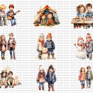 May include: A set of watercolor illustrations featuring children in various winter and camping scenes. The illustrations include a group of children playing music, a group of children camping, a group of children playing in the snow, and a group of children enjoying a meal.