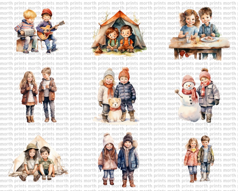 May include: A set of watercolor illustrations featuring children in various winter and camping scenes. The illustrations include a group of children playing music, a group of children camping, a group of children playing in the snow, and a group of children enjoying a meal.