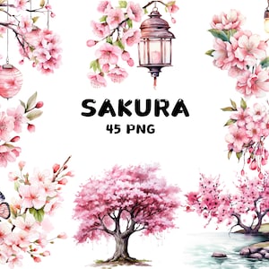 45 aquarel Sakura clipart, lentebloemen en bomen, kersenbloesem, bloemen clipart, illustraties, Instant Download voor commercieel gebruik