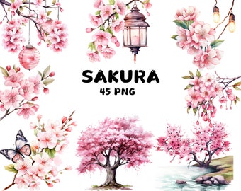 Puede incluir: Ilustraciones de acuarela de flores de cerezo rosas, linternas y mariposas. El texto "SAKURA 45 PNG" está escrito en negro.