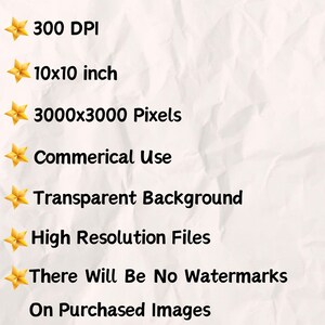 May include: A list of features for digital images, including 300 DPI, 10x10 inches, 3000x3000 pixels, commercial use, transparent background, high resolution files, and no watermarks on purchased images.