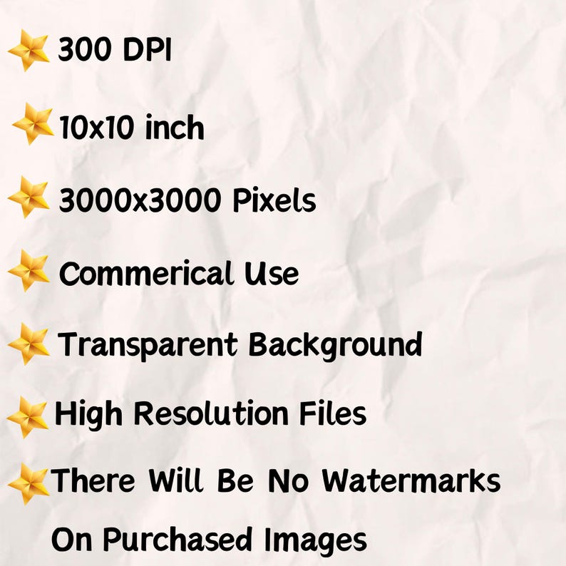 May include: A list of features for digital images, including 300 DPI, 10x10 inches, 3000x3000 pixels, commercial use, transparent background, high resolution files, and no watermarks on purchased images.