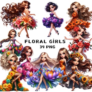 39 PNG 花柄の女の子のクリップアート、花のクリップアート、かわいいちびガール、ちびバンドル、イラスト、商用利用のための即時ダウンロード