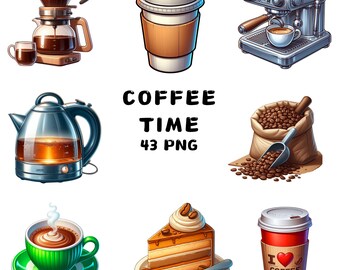 Coffee Time Clipart PNG, Tasse, Tassen, Eiskaffee & Bohnen, 43 PNG, Cafe-Menü-Set, transparenter Hintergrund, Aufkleber, Sublimation, kommerzielle Nutzung