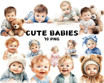 Cute Baby Clipart PNG, Kawaii Babies with Pastel Colors and Big Eyes, Nursery Decor and Baby Shower Invitations, Commercial Use