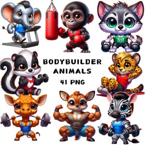 41 png-bodybuilder dieren clipart, sterke dieren, zwaar tillen workout dier, illustraties, instant download voor commercieel gebruik