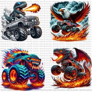 May include: Four monster truck designs with flames. A blue monster truck with a dragon head, a red, white, and blue monster truck with an eagle, a blue monster truck with a monster head, and a silver monster truck with a dinosaur head.