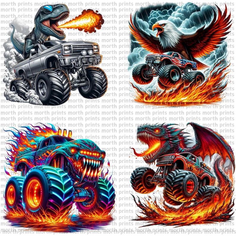 May include: Four monster truck designs with flames. A blue monster truck with a dragon head, a red, white, and blue monster truck with an eagle, a blue monster truck with a monster head, and a silver monster truck with a dinosaur head.