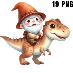Clipart de gnomo montando dinosaurio: adorables gnomos montados en T-Rex, Triceratops y más. Ideal para manualidades infantiles. Descarga instantánea. Dinosaurio adorable.