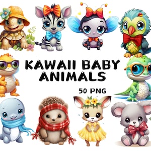 50 Aquarell Kawaii Baby Tiere Clipart, Delphin, Schildkröte, Eule, Giraffe, Eichhörnchen, Biene Illustrationen, sofortiger Download für kommerzielle Nutzung