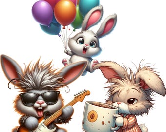Imágenes prediseñadas de conejos divertidos, conejito de dibujos animados en formato PNG, pegatinas kawaii para tarjetas infantiles, guardería, álbumes de recortes, sublimación, descarga instantánea, uso comercial.