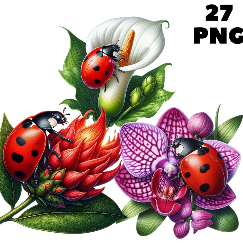 May include: A digital illustration of three ladybugs on a bouquet of flowers. The flowers are a white calla lily, a red ginger flower, and a purple orchid. The ladybugs are red with black spots.