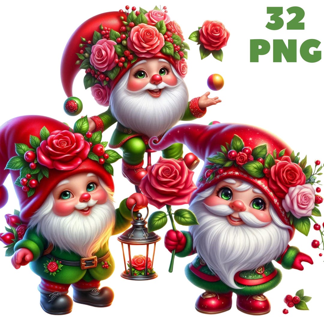 Rose Gnome Clipart PNG, Cute Floral Gnome & Red Rose Illustrations ...