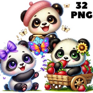 32 PNG Spring Panda Clipart, Animais fofos, Clipart de primavera, Pacote de animais, Panda fofo, Ilustrações, Download instantâneo para uso comercial