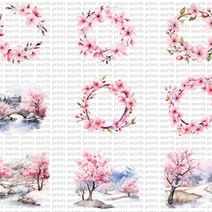 May include: A digital collage featuring four watercolor illustrations of cherry blossoms. The top two illustrations are wreaths of pink cherry blossoms. The bottom two illustrations feature a Japanese-style landscape with a pagoda, bridge, and mountains. The cherry blossoms are in full bloom and the water is a light blue.
