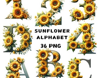 May include: A set of 36 sunflower alphabet letters and numbers. The letters and numbers are made of green and brown leaves and yellow sunflowers. The letters and numbers are on a white background. The text "SUNFLOWER ALPHABET 36 PNG" is written in black text below the letters and numbers.