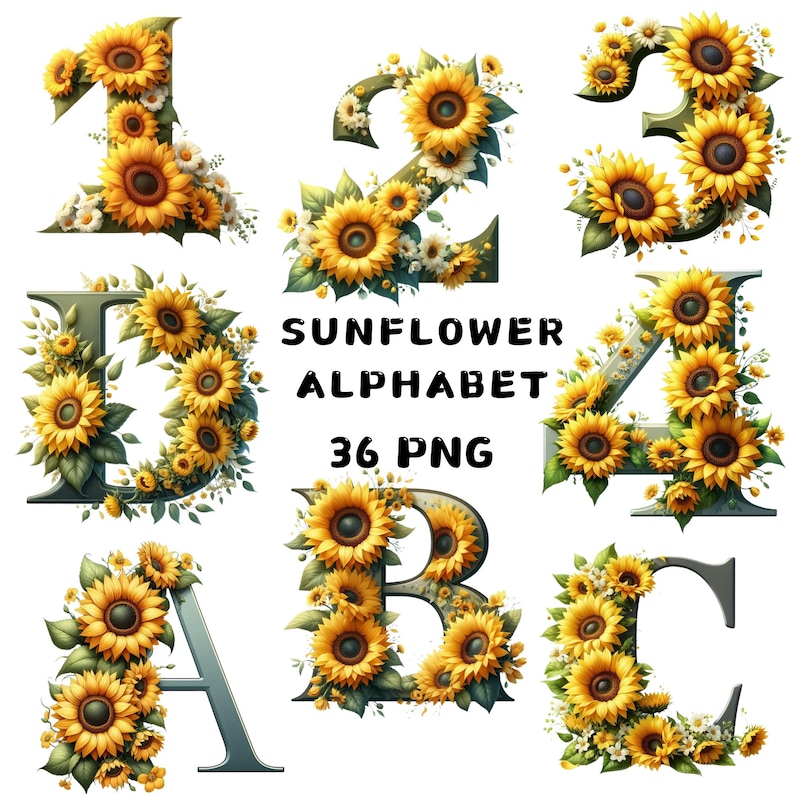 Sunflower Alphabet Clipart, Floral Letter PNG for Baby Shower Invites ...