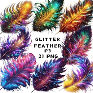21 PNG, Clipart plume de paillettes, Bundle de cliparts plumes vibrantes colorées, Art de la Nature, plume, imprimables, téléchargement numérique, usage commercial