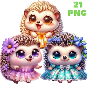 21 png-bloemen egel clipart, schattige dieren, lente clipart, dieren bundel, illustraties, instant download voor commercieel gebruik