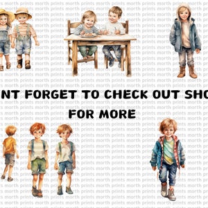 May include: A watercolor illustration of five children wearing different outfits. The children are standing in front of a wooden table with a plate of food on it. The text "DONT FORGET TO CHECK OUT SHOP FOR MORE" is written in bold letters at the bottom of the image.