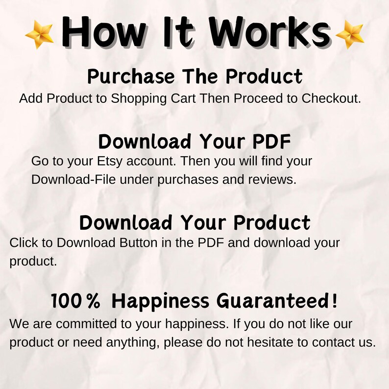May include: A white background with black text explaining how to purchase and download a digital product from Etsy. The text includes the words "How It Works", "Purchase The Product", "Download Your PDF", "Download Your Product", and "100% Happiness Guaranteed!"