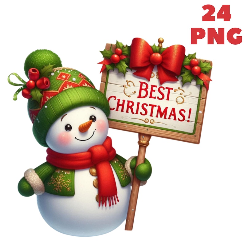 May include: A snowman wearing a green hat and scarf holds a wooden sign that says "Best Christmas!" The sign is decorated with a red bow and holly.