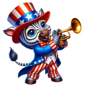 Puede incluir: Un cebra de dibujos animados vestida con atuendo patriótico, tocando una trompeta dorada. La cebra lleva un sombrero de copa rojo, blanco y azul, una chaqueta azul con estrellas blancas, una pajarita roja y pantalones a rayas rojas y blancas. Fondo blanco.