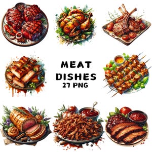 Watercolor Meat Dishes Clipart PNG, Steak Burger BBQ, High Resolution, 300 DPI, Transparent Background, Sticker, Sublimation, Commercial Use