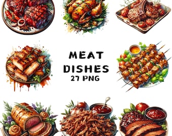 Imágenes prediseñadas PNG de platos de carne en acuarela, bistec, hamburguesa, barbacoa, alta resolución, 300 DPI, fondo transparente, pegatina, sublimación, uso comercial.
