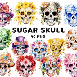 90 Aquarell Sugar Skull Clipart, Halloween Illustrationen, Dia De Los Muertos, Sugar Skull, Schädel Clipart, Instant Download für kommerzielle Nutzung