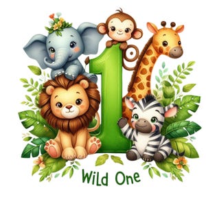 Wild One, wild one urodziny, 1. urodziny Safari Jungle Animals Kids Design Efekt akwareli Projekt transferu koszulki PNG, pobieranie cyfrowe