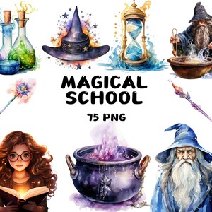 75 cliparts école de magie aquarelle, sorcier, chapeau, chaudron de sphère, illustrations de château, téléchargement immédiat pour un usage commercial